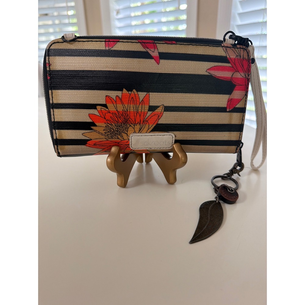 Sakroots Artist Circle Floral Striped Large Zip Around Wristlet Wallet Tan Black